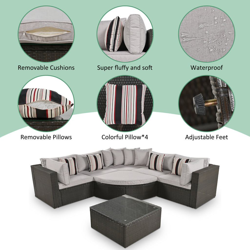 7-Piece Outdoor Wicker Sofa Set – Rattan Patio Furniture with Colorful Pillows