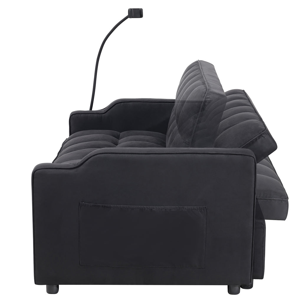 1 Multifunctional Foldable Sofa Bed With 3 Different Lengths, Modern Sofa, Upgraded Suede Fabric, Adjustable Backrest, Black Color With USB Port And Rotating Telephone Stand