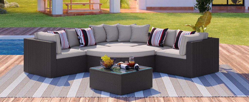 7-Piece Outdoor Wicker Sofa Set – Rattan Patio Furniture with Colorful Pillows