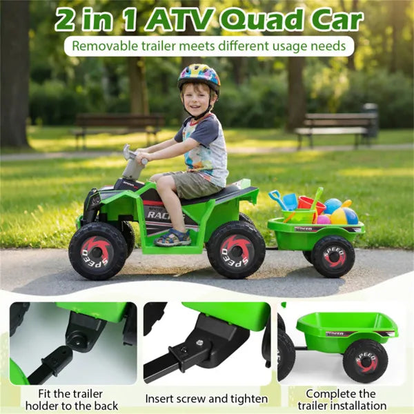 2 In 1 Kids Ride On ATV With Removable Trailer, 6V Electric Quad For Toddlers Ages 3+ Green